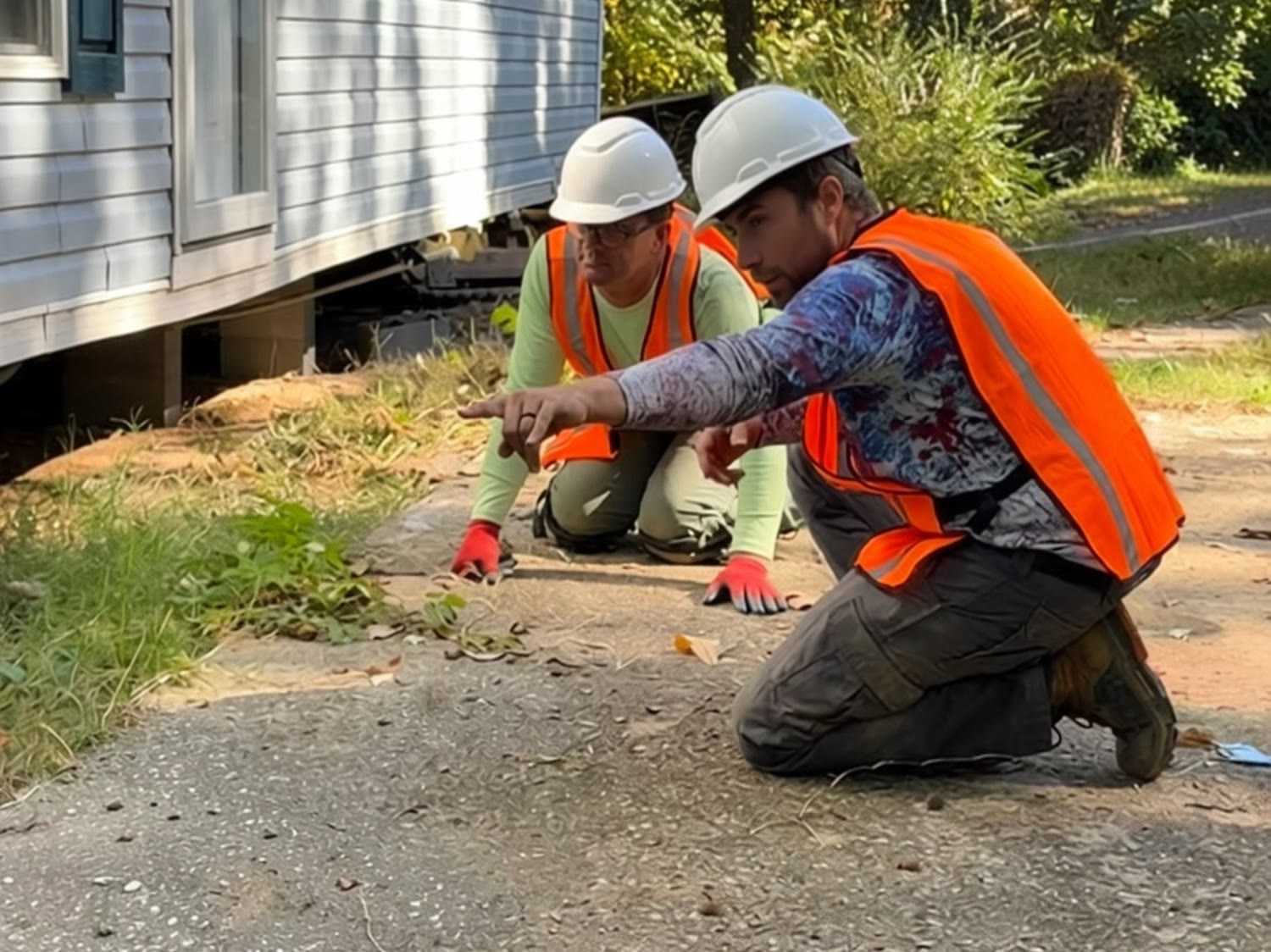 Two crew members in hard hats and hi-vis vests checking the ground along a home