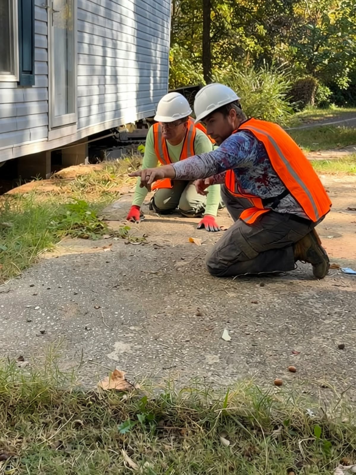 Two crew members in hard hats and hi-vis vests checking the ground along a home
