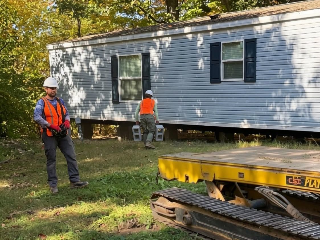 Mountain Movers crew in hard hats and hi-vis vests carrying block to set a home on piers